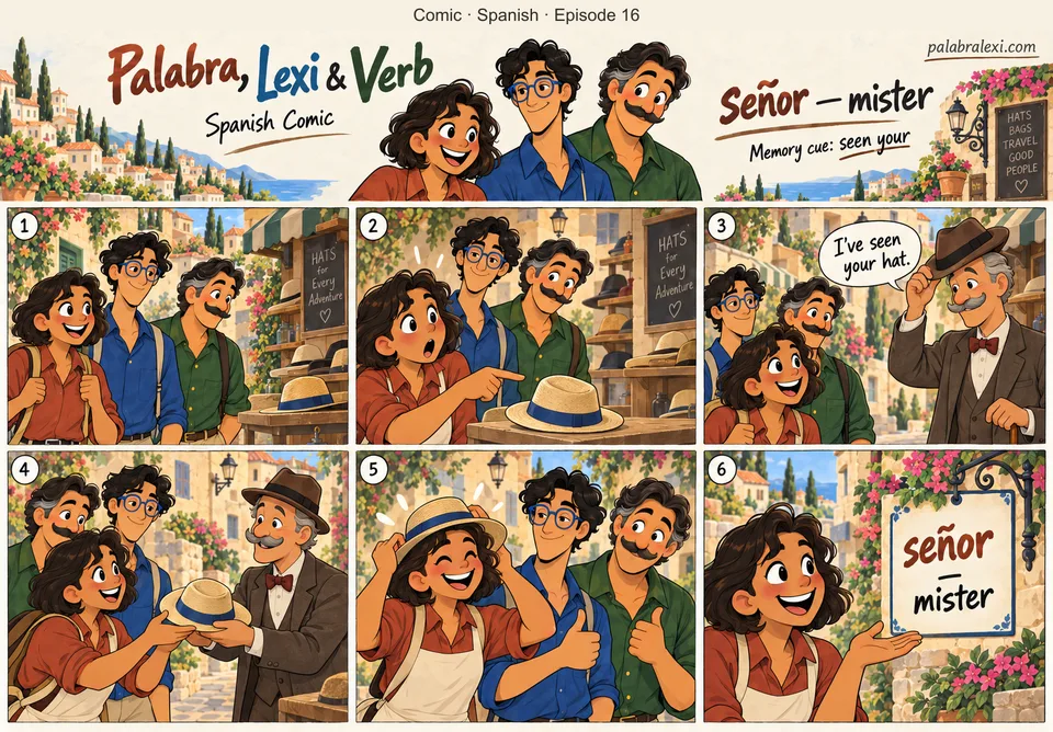 Spanish comic, episode 16: señor — mister. The polite mister points and says 'I've seen your hat' while tipping his own gentleman's hat.