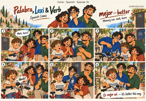 Comic · Spanish · Episode 18: mejor — better. Meh, horn? A better horn! The kid swaps his squeaky bike horn for a louder one.