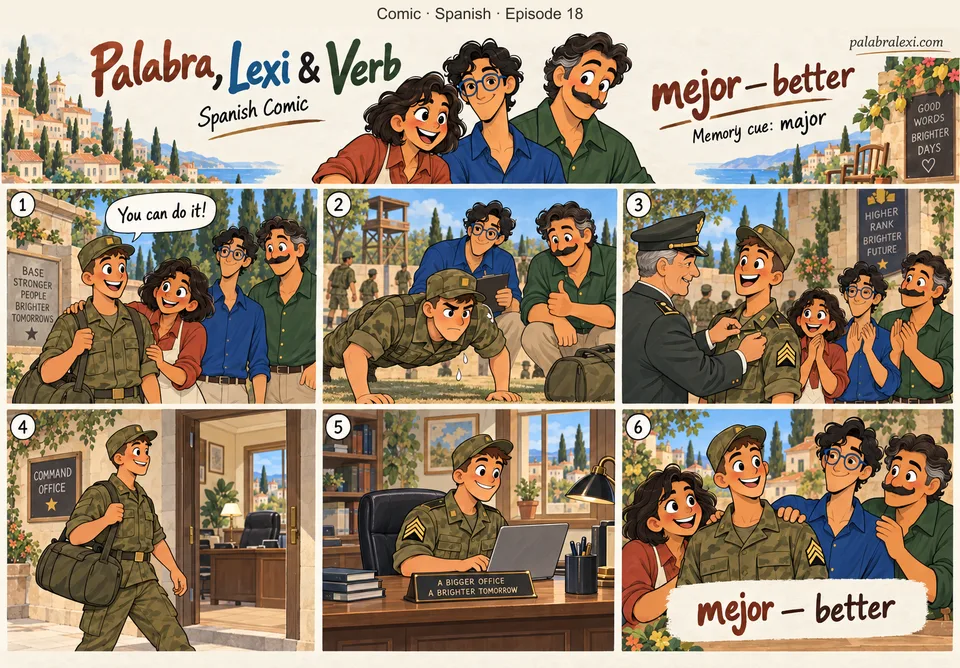Spanish comic, episode 18: mejor — better. The MAJOR promotion means a better rank, shinier badge, and bigger office for the soldier.