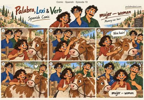Spanish comic, episode 19: mujer — woman. Palabra brushes the hair of a friendly brown cow while Lexi and Verb watch.