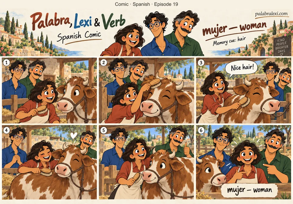 Spanish comic, episode 19: mujer — woman. Palabra, a woman, brushes the hair on a friendly brown cow, while Lexi and Verb watch. Woman is central, no caricature or ridicule.