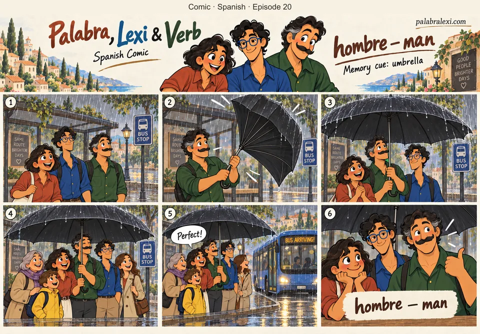 Spanish comic, episode 20: hombre — man. The man opens an umbrella so huge the whole bus stop hides under it.