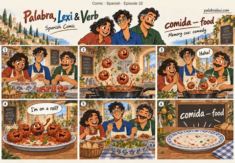 Spanish comic, episode 32: comida — food. Dinner turns into comedy: the food juggles itself and the meatballs tell jokes.