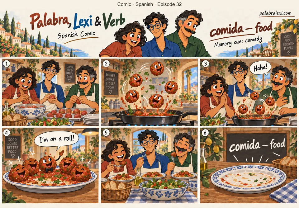 Spanish comic, episode 32: comida — food. Dinner turns into comedy: the food juggles itself and the meatballs tell jokes.