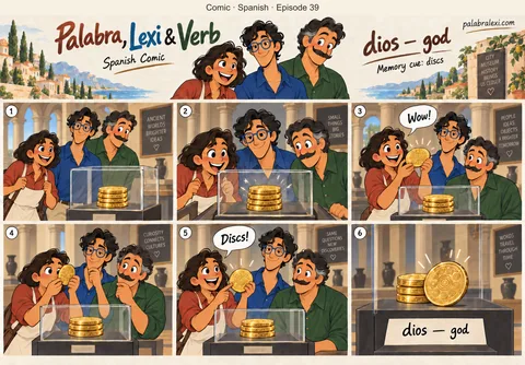 Spanish comic, episode 39: dios — god. In a museum the friends look at golden discs decorated with the image of an ancient sun god.