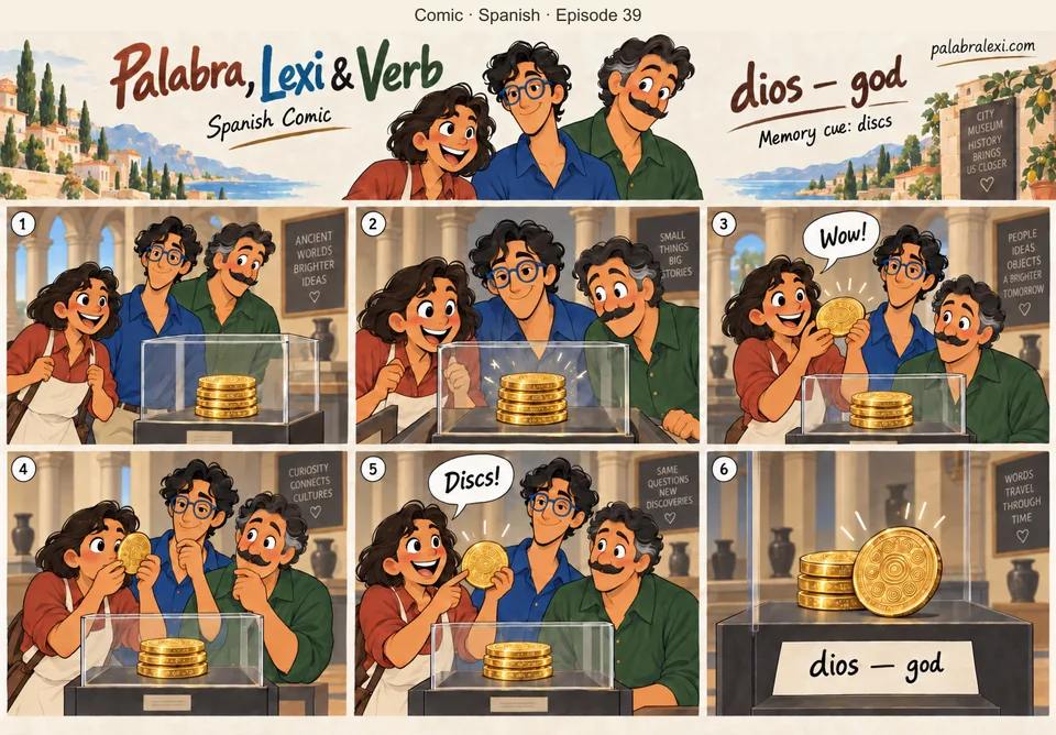 Spanish comic, episode 39: dios — god. The trio inspects a stack of shining golden discs in a neutral museum exhibit. The dictionary word dios means god is shown as text only. No religion depicted, no prayer, deity, worship or altar.