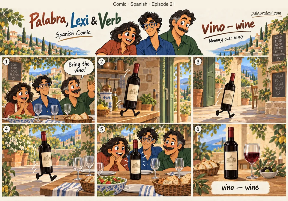 Spanish comic, episode 21: vino — wine. Same word wine-lovers already use: «bring the vino!» — and the bottle walks over itself.