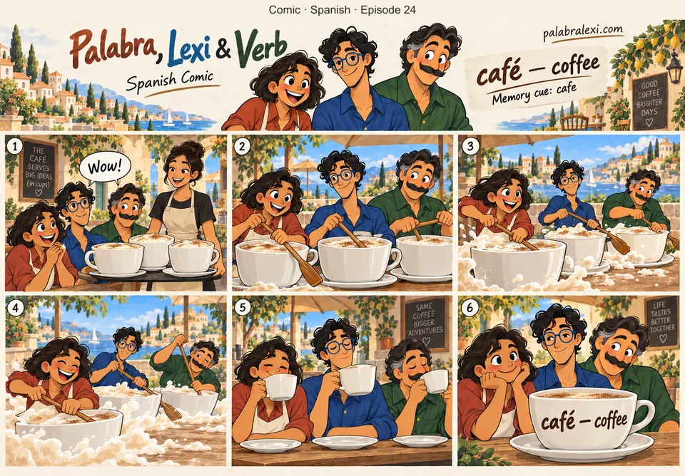 Spanish comic, episode 24: café — coffee. The cafe serves coffee in cups the size of bathtubs; you row across the foam.