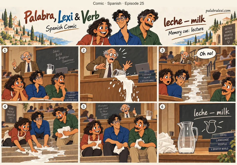 Spanish comic, episode 25: leche — milk. The professor spills milk mid-lecture; a white river runs down the amphitheater steps.