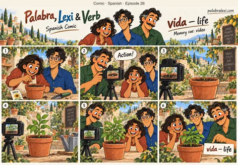 Spanish comic, episode 26: vida — life. Verb films a video of life in the garden: seed, seedling, leaves. Palabra and Lexi plant a seed in a terracotta pot and watch it grow.