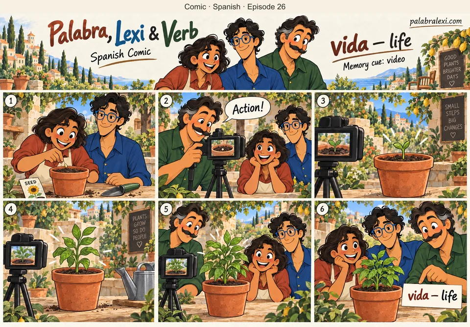 Spanish comic, episode 26: vida — life. Verb films a video of LIFE in the garden: seed, seedling, leaves. Palabra and Lexi plant one seed in one terracotta pot, then time passes.