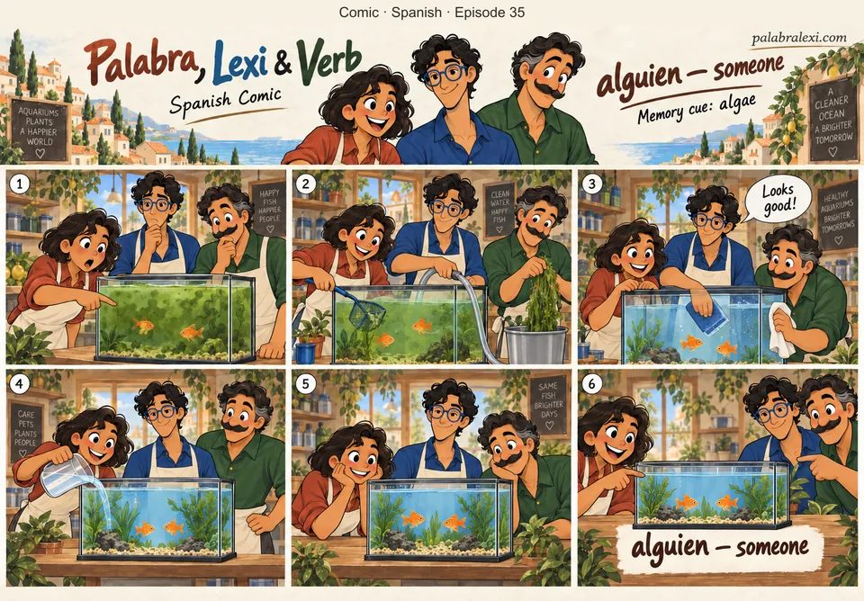 Spanish comic, episode 35: alguien — someone. Someone has added algae to an aquarium; Palabra points to the green water, Lexi and Verb carefully clean it. One aquarium with two identical orange fish throughout.