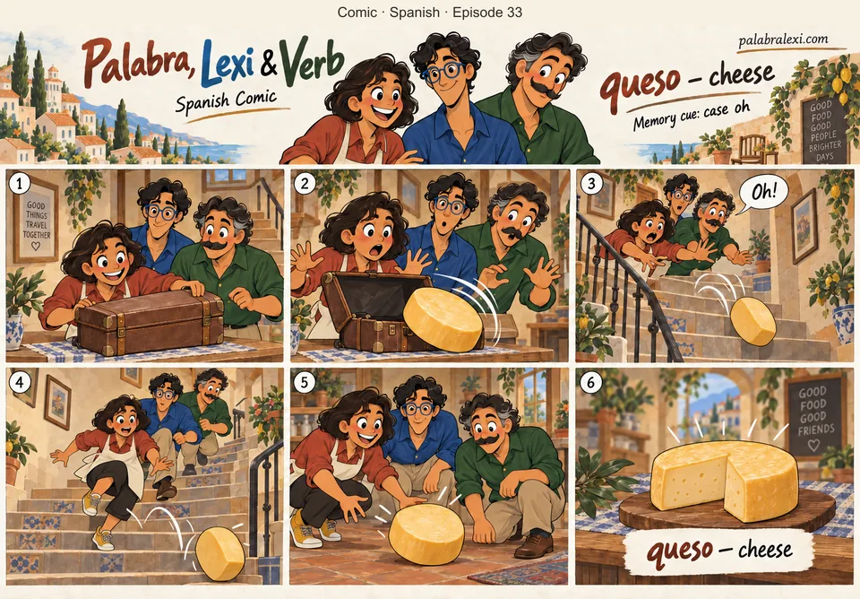 Spanish comic, episode 33: queso — cheese. You open the case — oh! — a wheel of cheese rolls out and down the stairs.