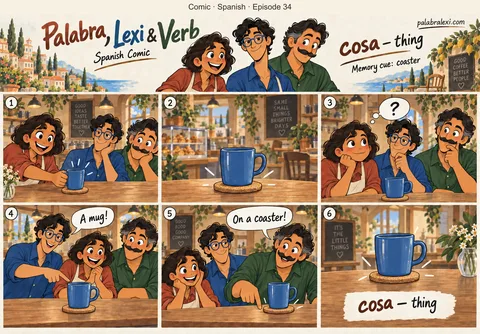 Spanish comic, episode 34: cosa — thing. Palabra sets a blue mug on a coaster, and Lexi asks, “What's that thing?”