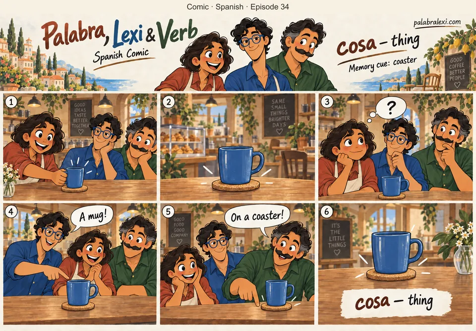 Spanish comic, episode 34: cosa — thing. Palabra puts a THING on a coaster: one blue mug. Lexi and Verb identify the object. Neutral café, no rabbi, symbols, religious topic or invented word.
