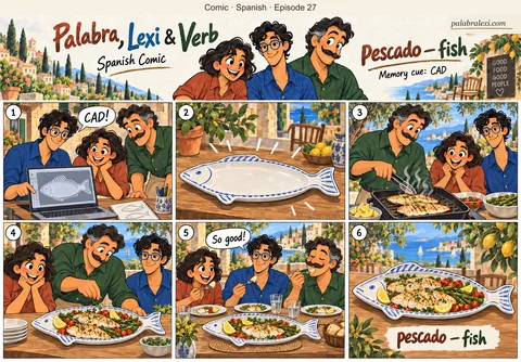 Spanish comic, episode 27: pescado — fish. Lexi designs a serving plate shaped like a fish in CAD. Palabra and Verb serve a grilled fish dinner on it, with lemon and vegetables.