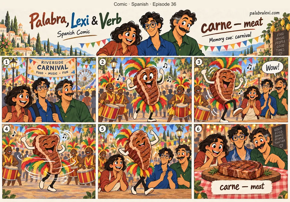 Spanish comic, episode 36: carne — meat. At the carnival a giant steak dances samba; the meat shakes to the drums.