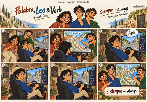 Spanish comic, episode 40: siempre — always. Lexi always chooses the same track in a racing simulator while his friends watch.