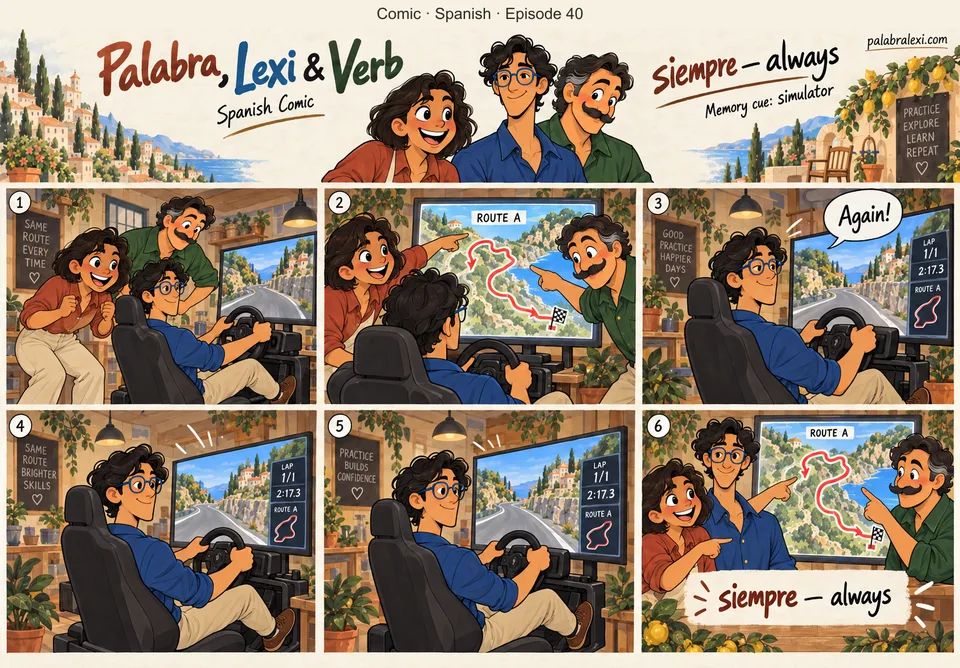 Spanish comic, episode 40: siempre — always. Lexi always chooses the same track in a racing simulator while his friends watch.