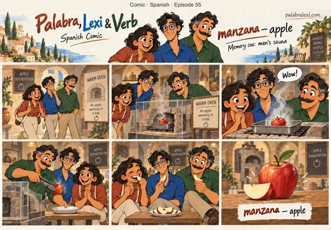 Spanish comic, episode 55: manzana — apple. The friends examine a demonstration sauna oven in a museum as a red apple steams on its metal tray.