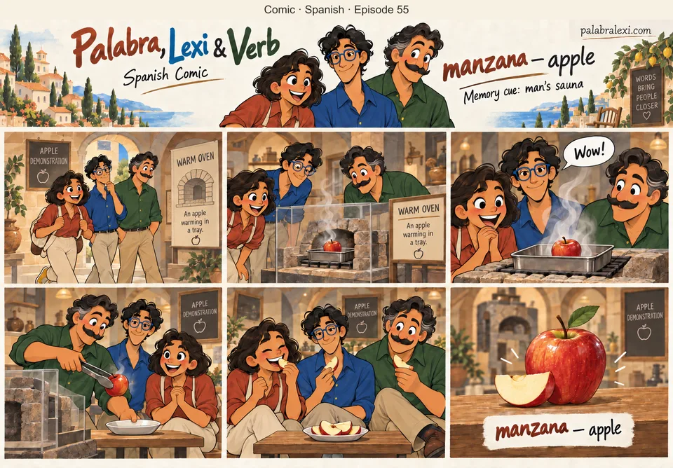 Spanish comic, episode 55: manzana — apple. The friends examine a demonstration sauna oven in a museum as a red apple steams on its metal tray.
