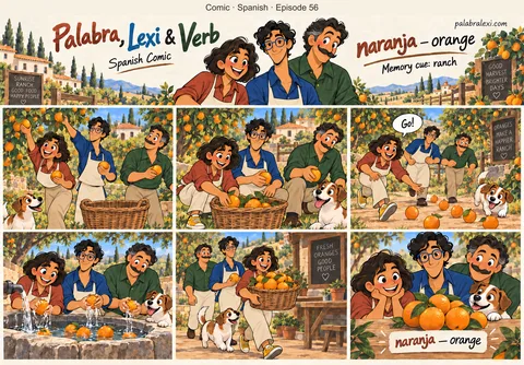 Spanish comic, episode 56: naranja — orange. A ranch caretaker collects bright oranges into a basket, as if herding a little cartoon orange parade. Palabra, Lexi and Verb help.