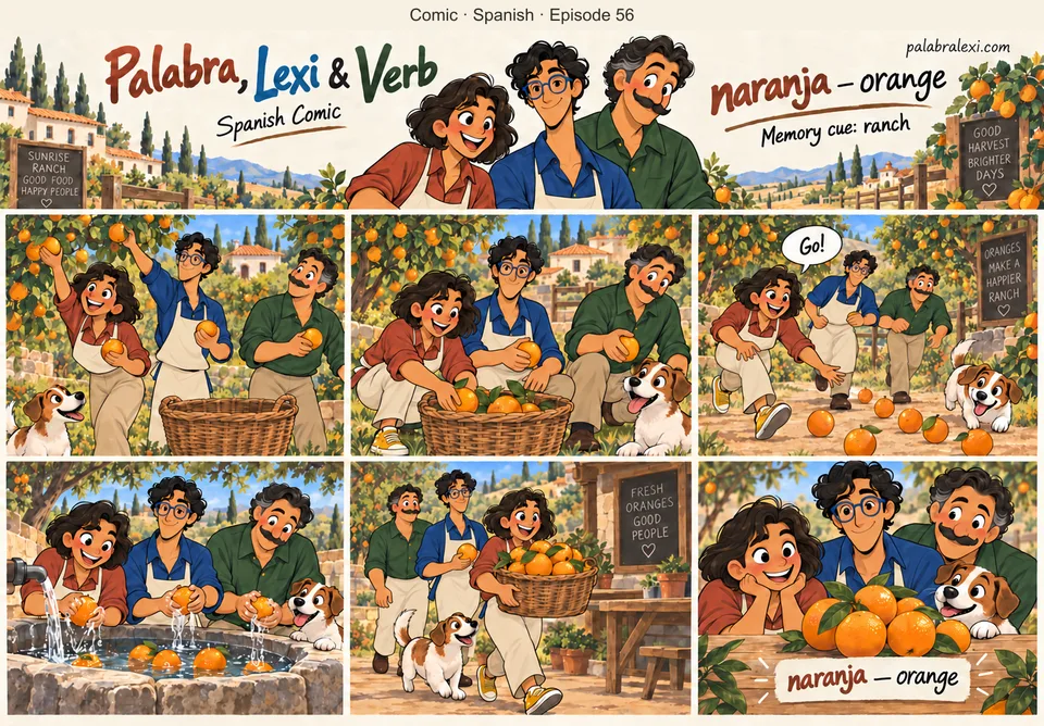 Spanish comic, episode 56: naranja — orange. A ranch caretaker collects bright oranges into a basket, as if herding a little cartoon orange parade. The trio helps. No cattle or weapons needed.