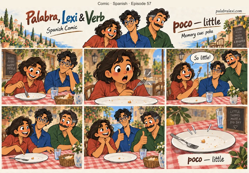 Spanish comic, episode 57: poco — little. Palabra uses a fork to poke one tiny crumb on a plate, showing only a LITTLE bread remains. Lexi and Verb smile.