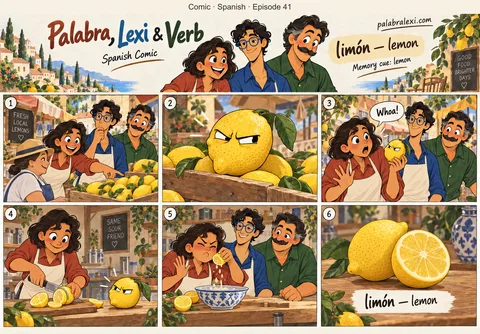 Spanish comic, episode 41: limón — lemon. A lemon makes a sour face, helping the friends remember limón.