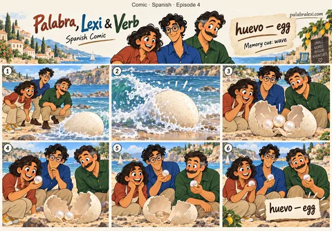 Spanish comic, episode 4: huevo — egg. A gentle wave rolls a giant cartoon egg onto the beach. It opens to reveal three pearls, and the friends look at them.