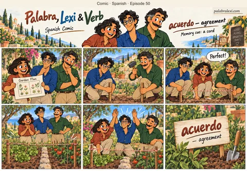 Spanish comic, episode 50: acuerdo — agreement. Lexi and Verb agree on a simple garden plan and tie a cord between two stakes to mark the border. Palabra holds the plan.