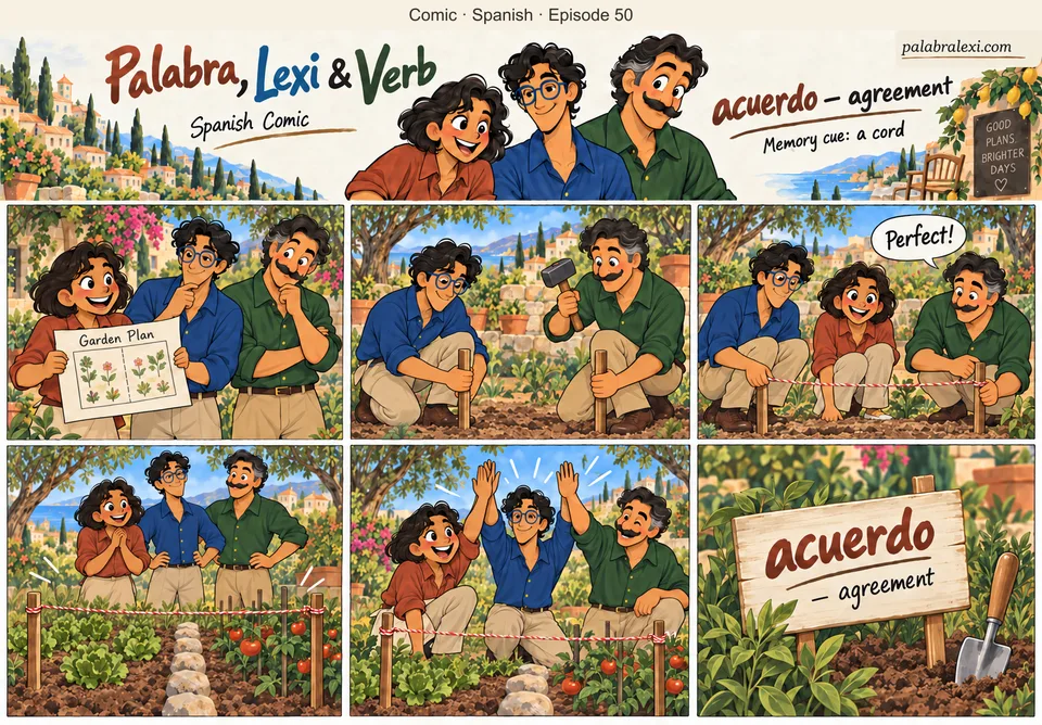 Spanish comic, episode 50: acuerdo — agreement. Lexi and Verb agree on one simple garden plan and tie a cord between two garden stakes to mark their shared boundary. Palabra holds the plan. No tied hands or bondage.