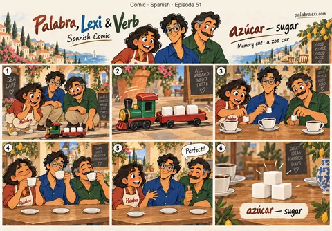 Spanish comic, episode 51: azúcar — sugar. A toy zoo train car carries three sugar cubes to the café table, and the friends arrange them beside the cups.