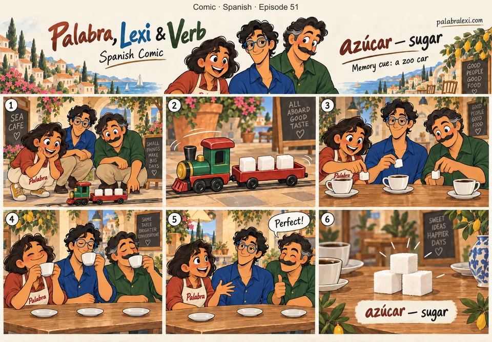 Spanish comic, episode 51: azúcar — sugar. One toy zoo train car carries three white sugar cubes to the cafe table. Trio arranges the sugar cubes beside cups. No animals eating sugar.