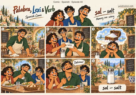 Spanish comic, episode 44: sal — salt. Verb gets his salary after a day at the café: Palabra hands him a pay envelope beside a salt jar, and he daydreams of salt crystals as treasure.
