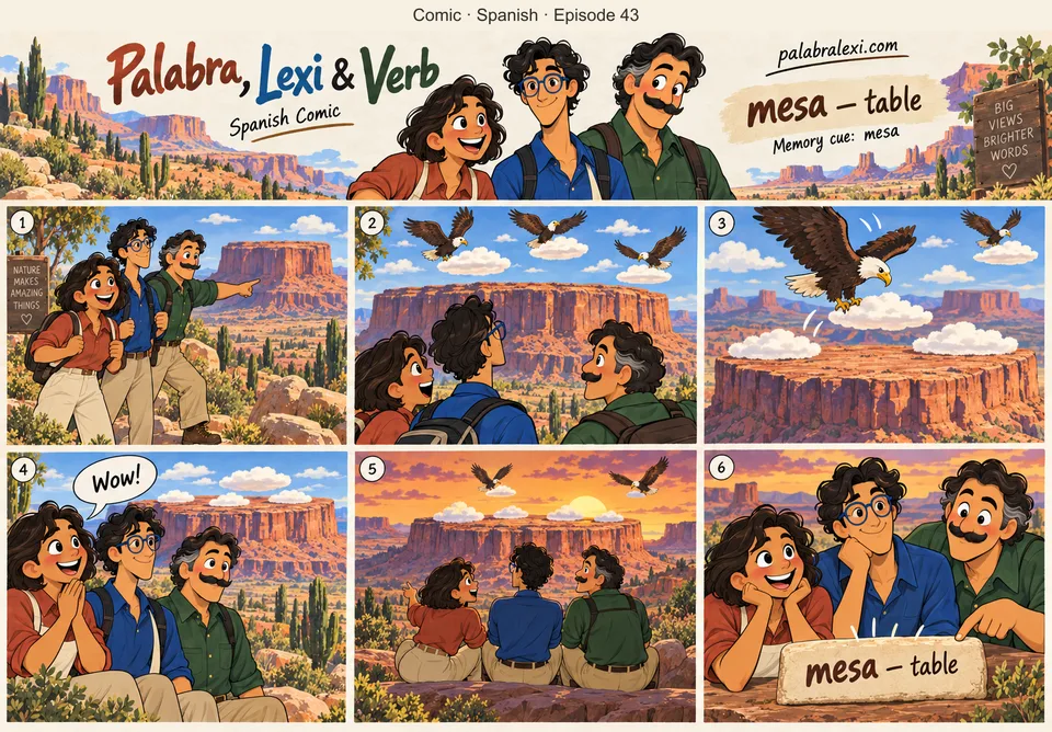 Spanish comic, episode 43: mesa — table. The desert mesa is a giant stone table: eagles set plates of clouds on it.