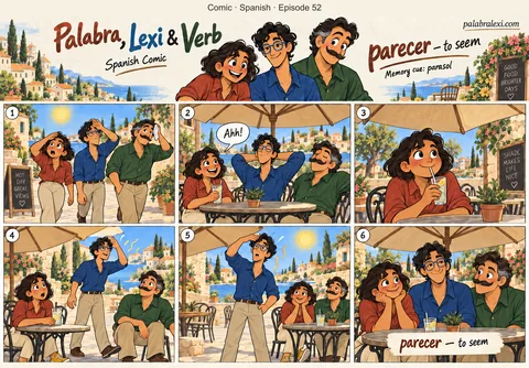 Spanish comic, episode 52: parecer — to seem. Under a parasol, the shade makes the day seem cooler than it really is outside.