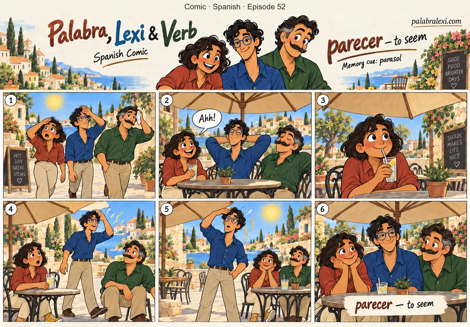 Spanish comic, episode 52: parecer — to seem. Under a parasol, the shade makes the day seem cooler than it really is outside.