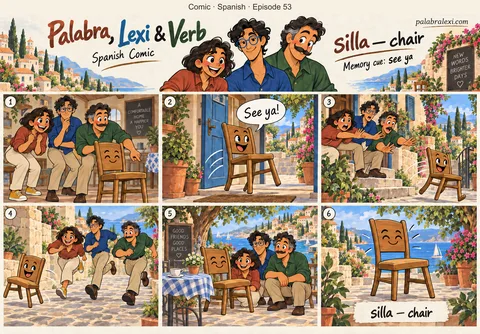 Spanish comic, episode 53: silla — chair. «See ya!» yells the chair, rolling out the door on its four wooden legs.
