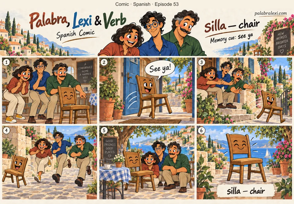 Spanish comic, episode 53: silla — chair. «See ya!» yells the chair, rolling out the door on its four wooden legs.