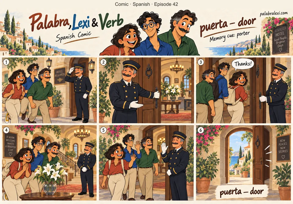 Spanish comic, episode 42: puerta — door. The porter guards the door, tipping his cap and swinging it open with one white glove.