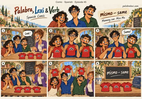 Spanish comic, episode 45: mismo — same. Miss Mo shows the friends three red toy shirts with the same shape and color.