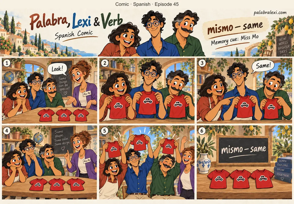 Spanish comic, episode 45: mismo — same. Miss Mo shows the friends three red toy shirts with the same shape and color.