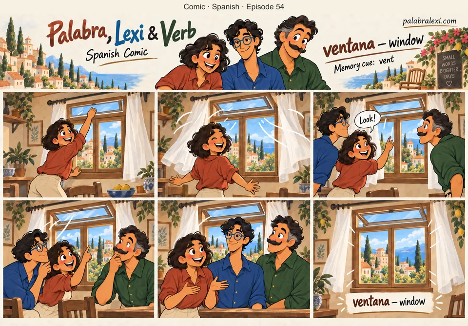 Spanish comic, episode 54: ventana — window. Palabra opens the vent above a window, making two white curtains flutter.