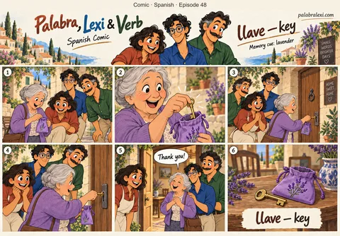Spanish comic, episode 48: llave — key. An elderly woman finds a brass key in a lavender pouch, and the friends help her open a wooden door.