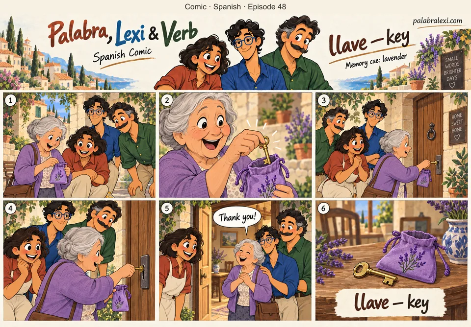 Spanish comic, episode 48: llave — key. An elderly woman finds a brass key in a lavender pouch, and the friends help her open a wooden door.