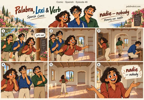 Spanish comic, episode 46: nadie — nobody. You reach the nadir of the empty room and realize nobody is there at all.