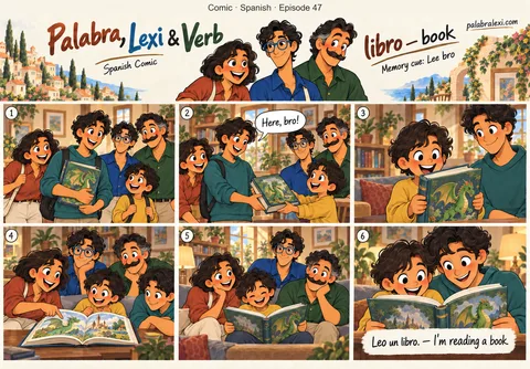 Comic · Spanish · Episode 47: libro — book. Lee hands his little bro a thick book with a green dragon on the cover.