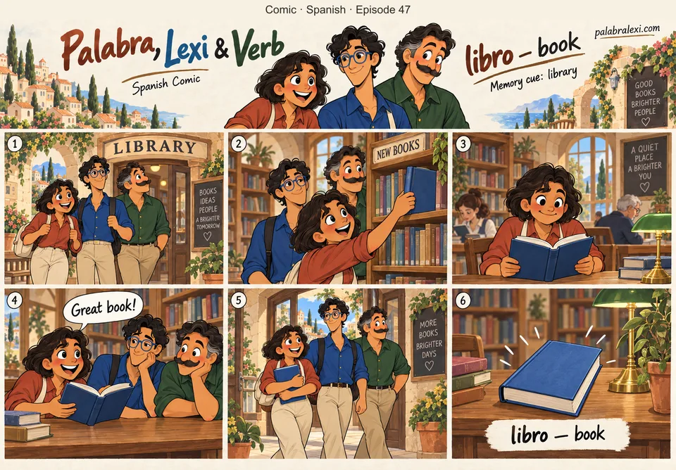 Spanish comic, episode 47: libro — book. The trio visits a library and selects one blue hardcover BOOK. Palabra reads it at the library table. No astrology, scales, zodiac or religious symbols.