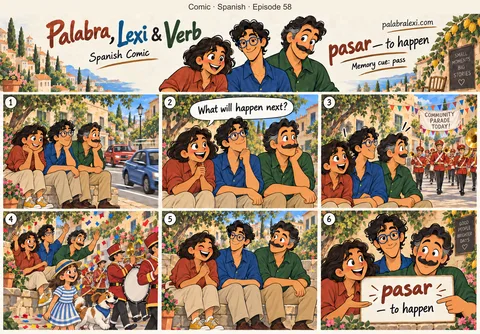 Spanish comic, episode 58: pasar — to happen. Palabra, Lexi and Verb watch cars pass along a quiet street and wonder what will happen next. A friendly parade arrives.